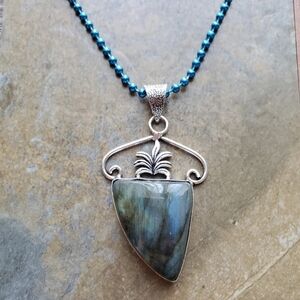 Sterling Silver Plated Labradorite Pendant On Ball Chain Necklace - New